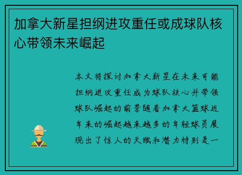 加拿大新星担纲进攻重任或成球队核心带领未来崛起
