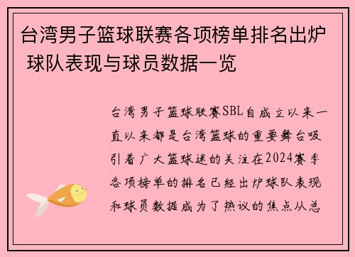 台湾男子篮球联赛各项榜单排名出炉 球队表现与球员数据一览