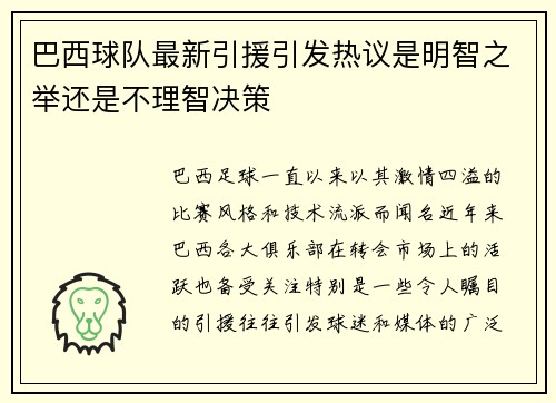 巴西球队最新引援引发热议是明智之举还是不理智决策