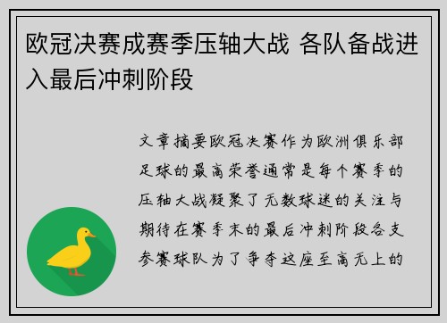 欧冠决赛成赛季压轴大战 各队备战进入最后冲刺阶段