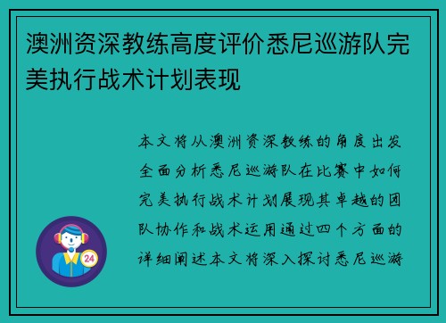 澳洲资深教练高度评价悉尼巡游队完美执行战术计划表现