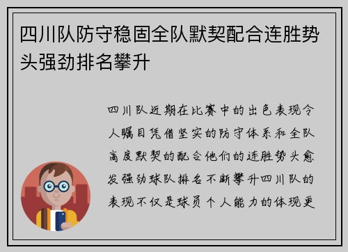 四川队防守稳固全队默契配合连胜势头强劲排名攀升
