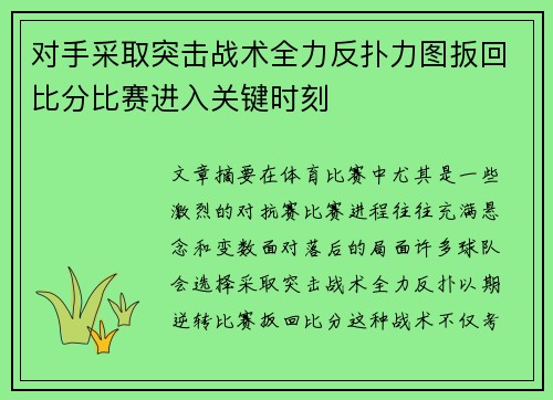 对手采取突击战术全力反扑力图扳回比分比赛进入关键时刻