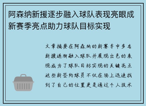 阿森纳新援逐步融入球队表现亮眼成新赛季亮点助力球队目标实现
