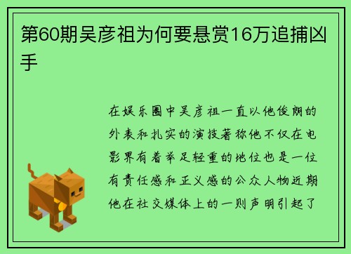 第60期吴彦祖为何要悬赏16万追捕凶手