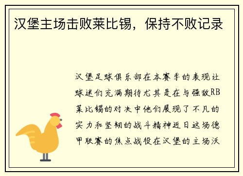 汉堡主场击败莱比锡，保持不败记录