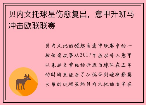 贝内文托球星伤愈复出，意甲升班马冲击欧联联赛
