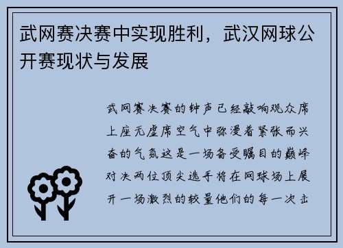 武网赛决赛中实现胜利，武汉网球公开赛现状与发展