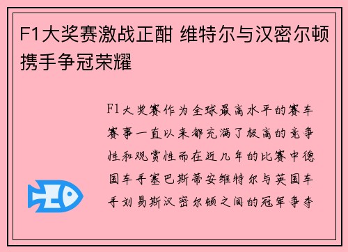 F1大奖赛激战正酣 维特尔与汉密尔顿携手争冠荣耀