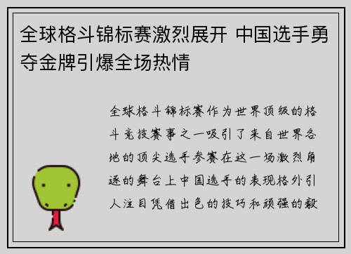 全球格斗锦标赛激烈展开 中国选手勇夺金牌引爆全场热情